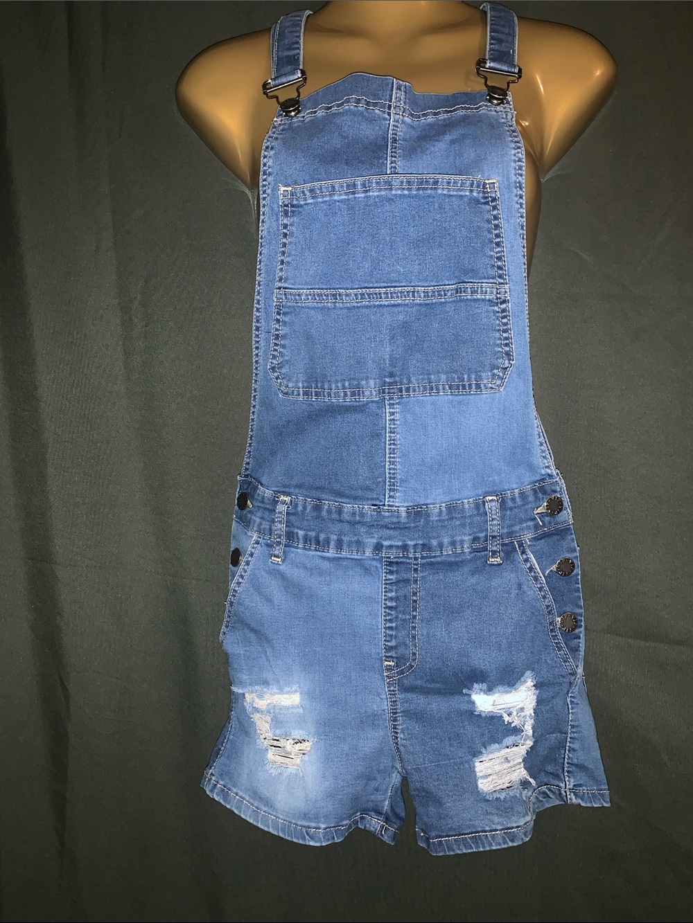 VIP Blue Distressed Denim Short Overalls